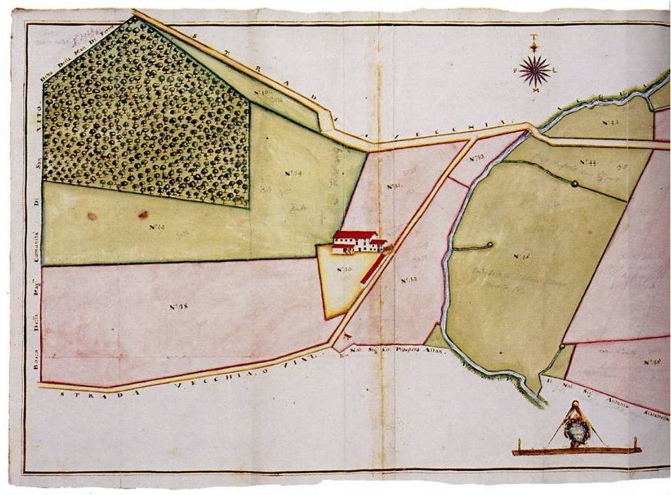 Farmhouse, wooded plot, cultivated fields and marshy meadows in the areas with spring waters in a property of the Filippini Fathers in the San Vito countryside, bordering the Jewish Cemetery and the Bosco della Man di Ferro. 1761 Land registry of the properties owned by the Congregation of San Filippo Neri in San Vito